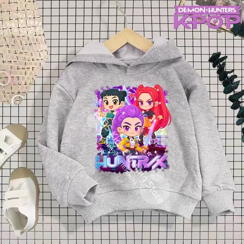 Color: GRAY, Kid Size: 12T - 2025 KPop Demon Hunters Hoodie Fashion Rumi Sweatshirt Pullover Cute Long Sleeve Autumn Boys Girls Cartoon Y2K Hoody Sportswear