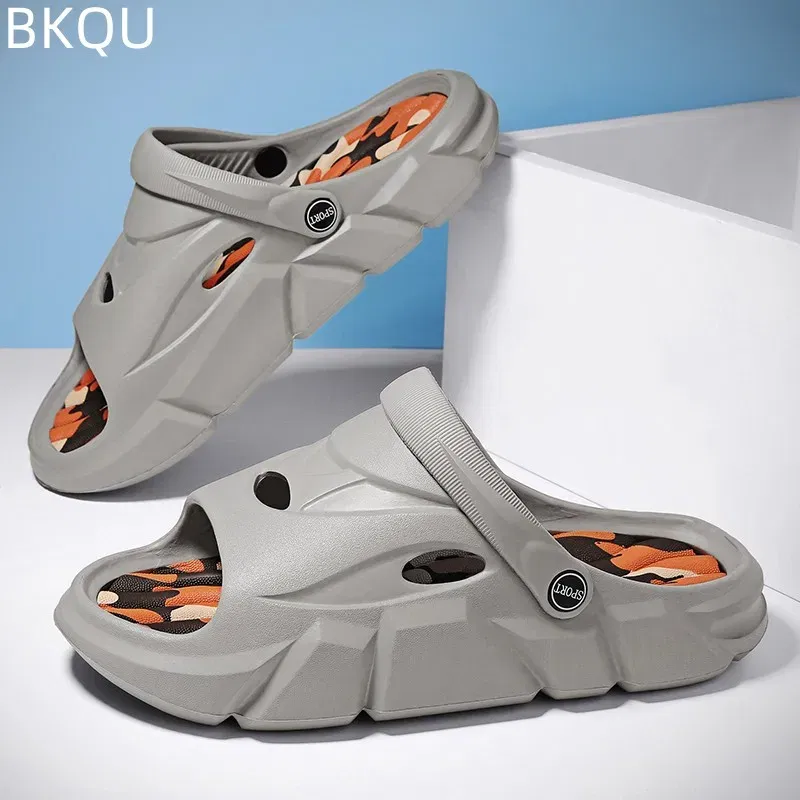 Color: Black, Shoe Size: 44 - Men's Beach Slippers Round Toe Lightweight Flat Bottom Waterproof Comfortable Trend Versatile Breathable Non-slip Large Size