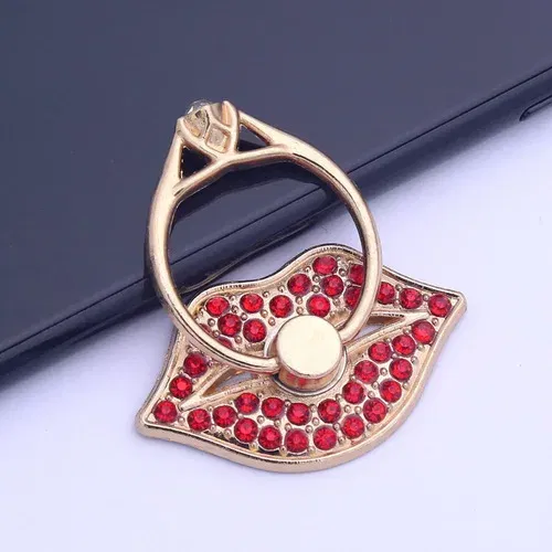 Color: Red - Lip Phone Holder Metal Diamond-studded Ring Holder Red Lips Ring Holder OPPO VIVO Cellphone Holder Universal