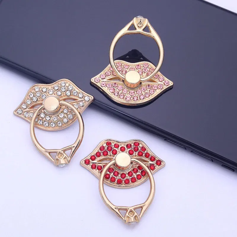 Color: Red - Lip Phone Holder Metal Diamond-studded Ring Holder Red Lips Ring Holder OPPO VIVO Cellphone Holder Universal