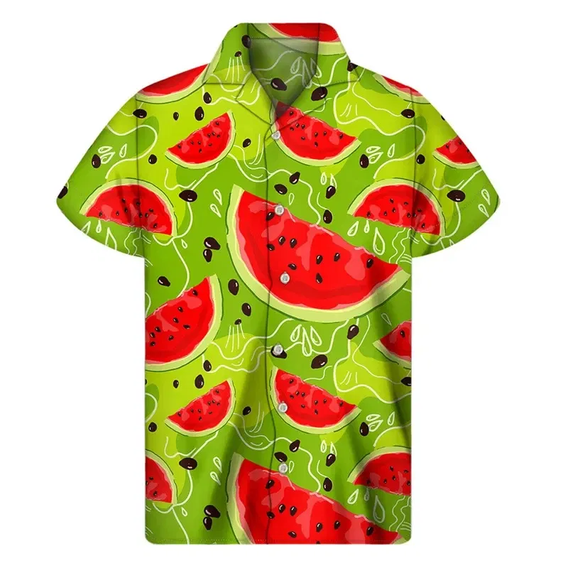 Color: black, Size: S - Tropical Watermelon Graphic Hawaiian Shirt Summer Street Short Sleeves 3d Printed Fruits Button Shirts Men Clothes Lapel Blouse