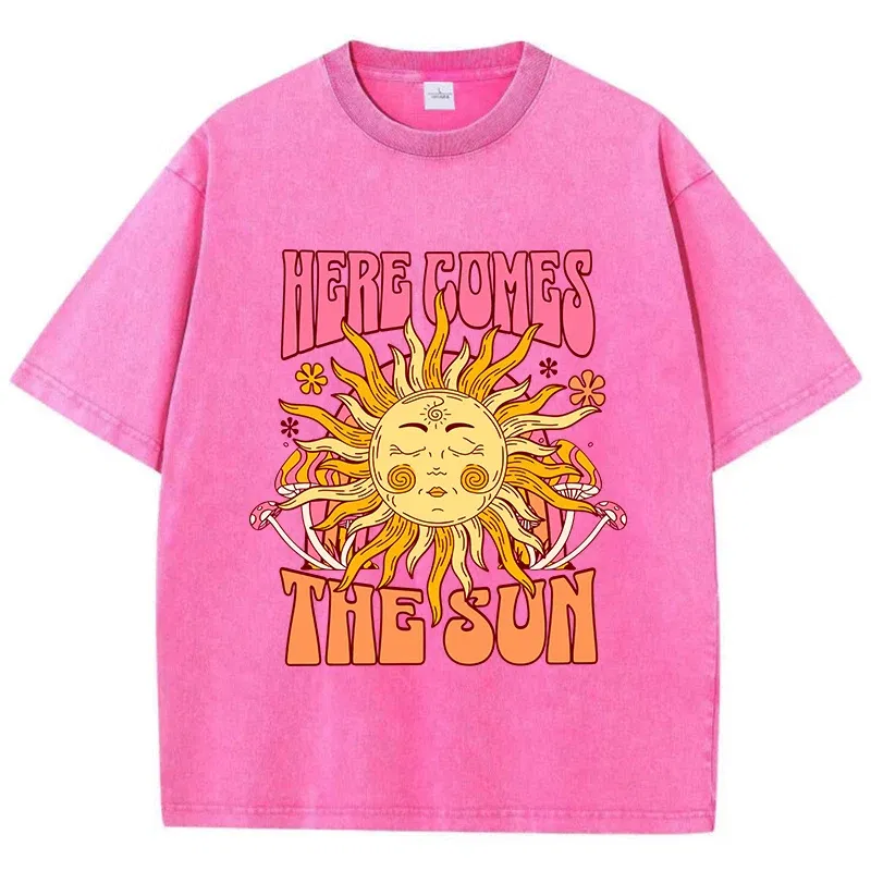 Color: green, Size: XXL - Oversize Women's Washed T-Shirt Cotton Here Comes The Sun Prints T Shirts Casual O-Neck Short Sleeve Tops Loose Women's Clothes