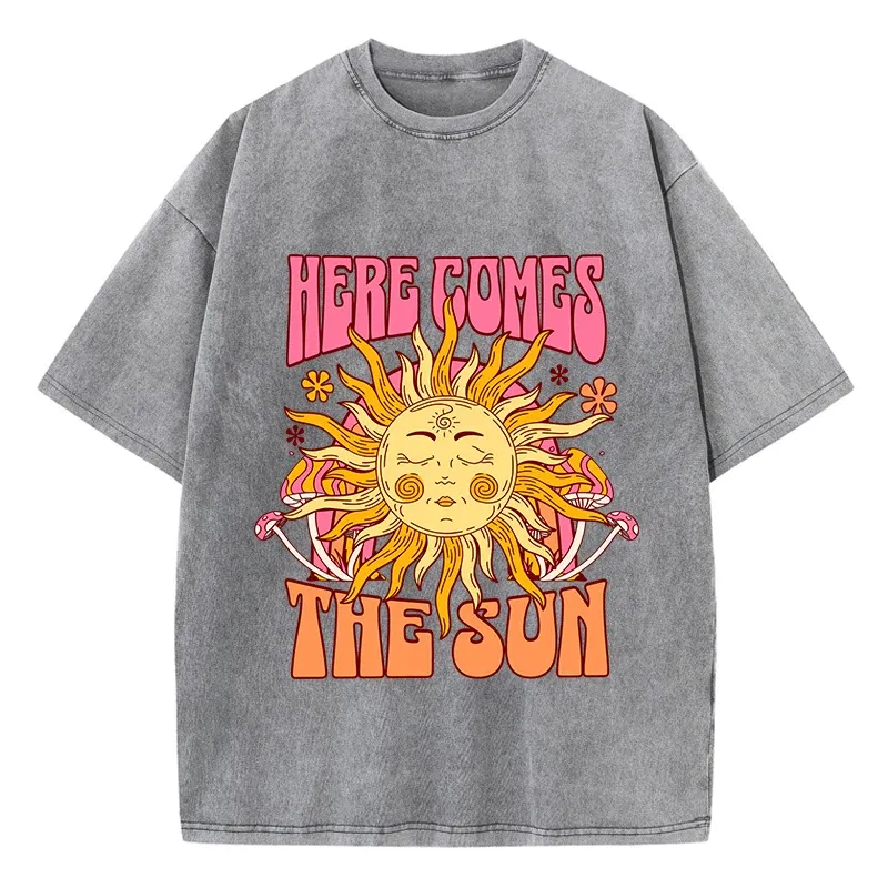 Color: green, Size: XXL - Oversize Women's Washed T-Shirt Cotton Here Comes The Sun Prints T Shirts Casual O-Neck Short Sleeve Tops Loose Women's Clothes
