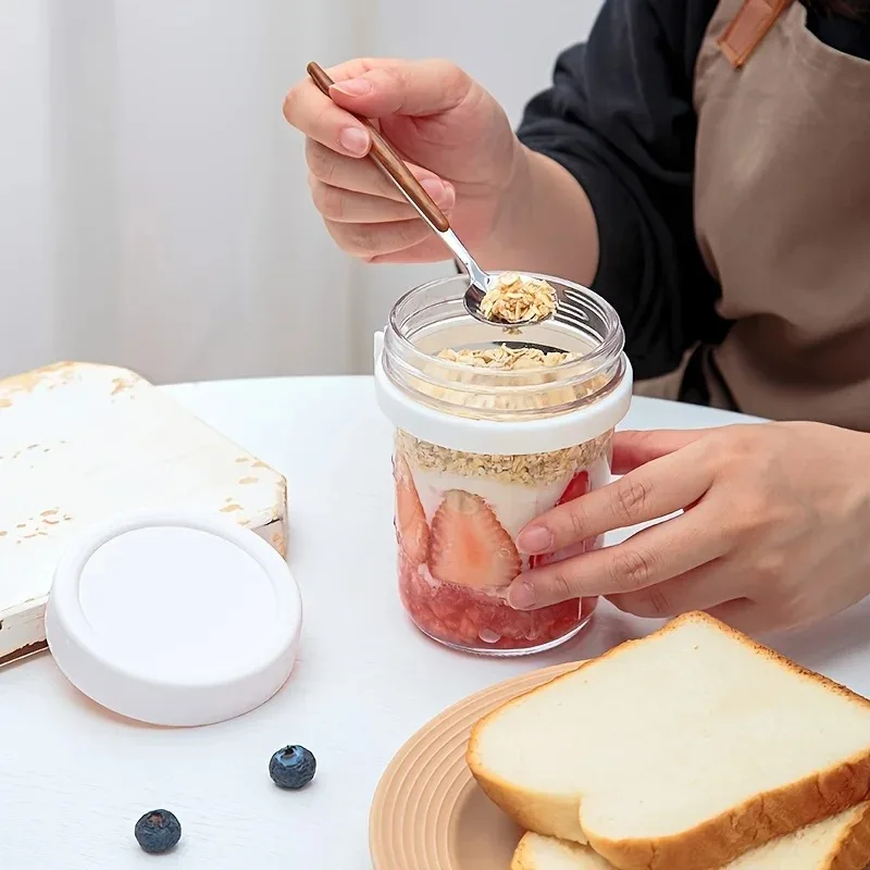 Color: Black, Capacity: 301-400ml - 350ML Overnight Oat Cup Glass With Lid And Spoon Seal Food Breakfast Cup Portable Cereal Milk Salad Yogurt Cup Kitchen Item