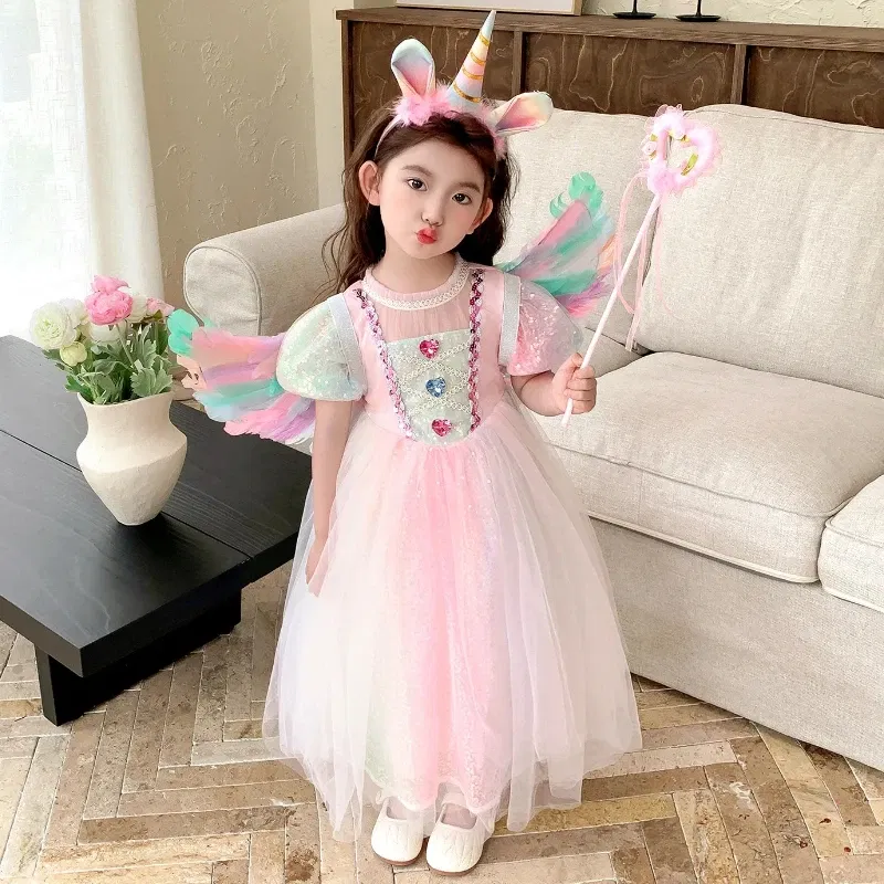 Kid Size: 4T, Color: Blue - Girls' New Pearl Gradient Sequin Colored Gemstone Mesh with Bubble Sleeves Princess Dress Halloween Mermaid Cosplay Dress