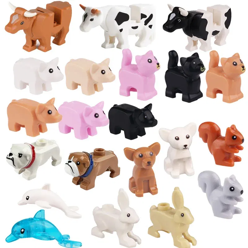 Color: BRIGHT PINK - MOC City Animal Building Block Figures Hare Dairy Cow Squirrel Dolphin Pug DIY Farm Street View Accessories Bricks Toys Gifts