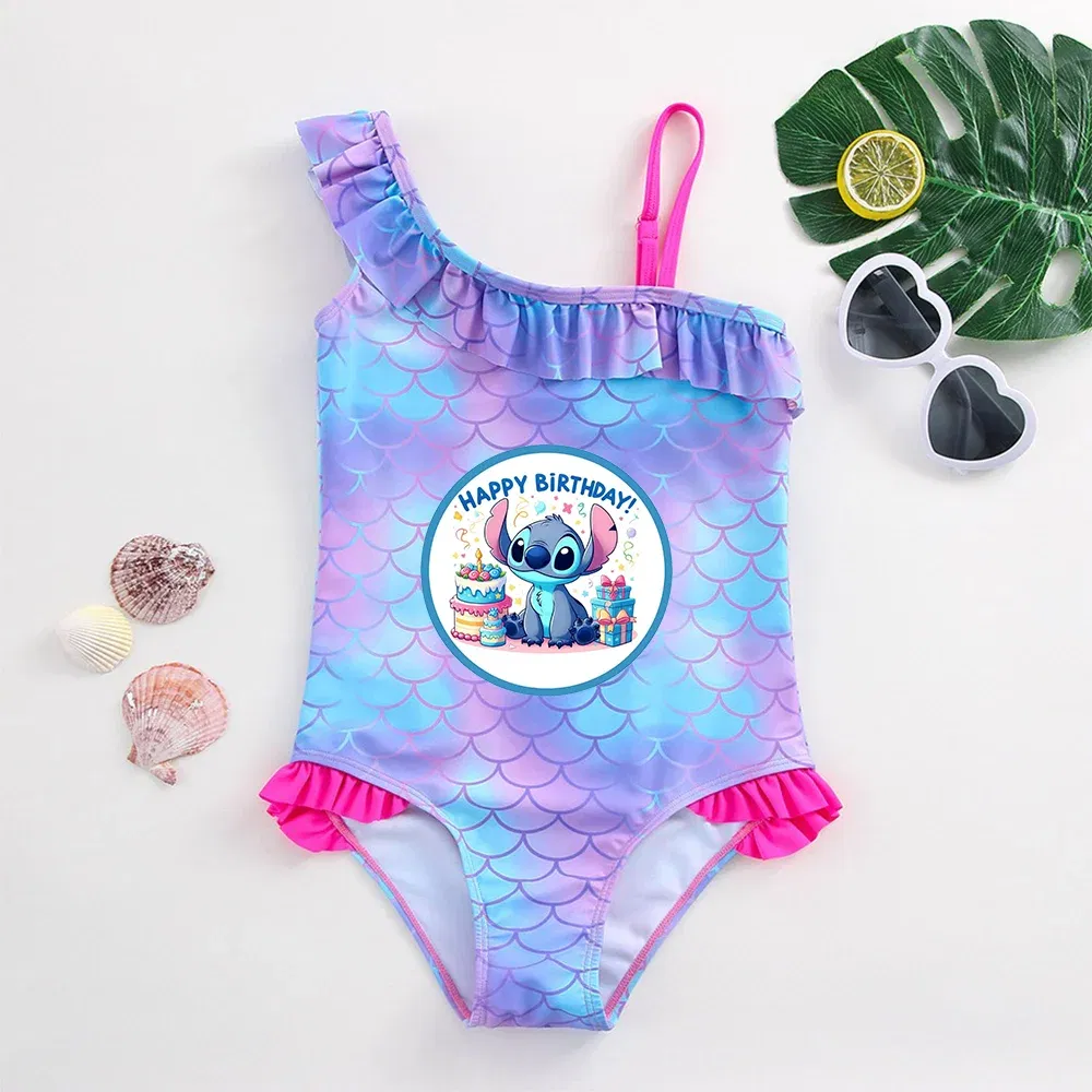 Color: Mixed Color, Size: S - Stitch Girls Swimsuit Fashion Mermaid Fish Scale One-Piece Bathing Suits Children's Dresses Summer Swimwear Beach Suit Kids Wear