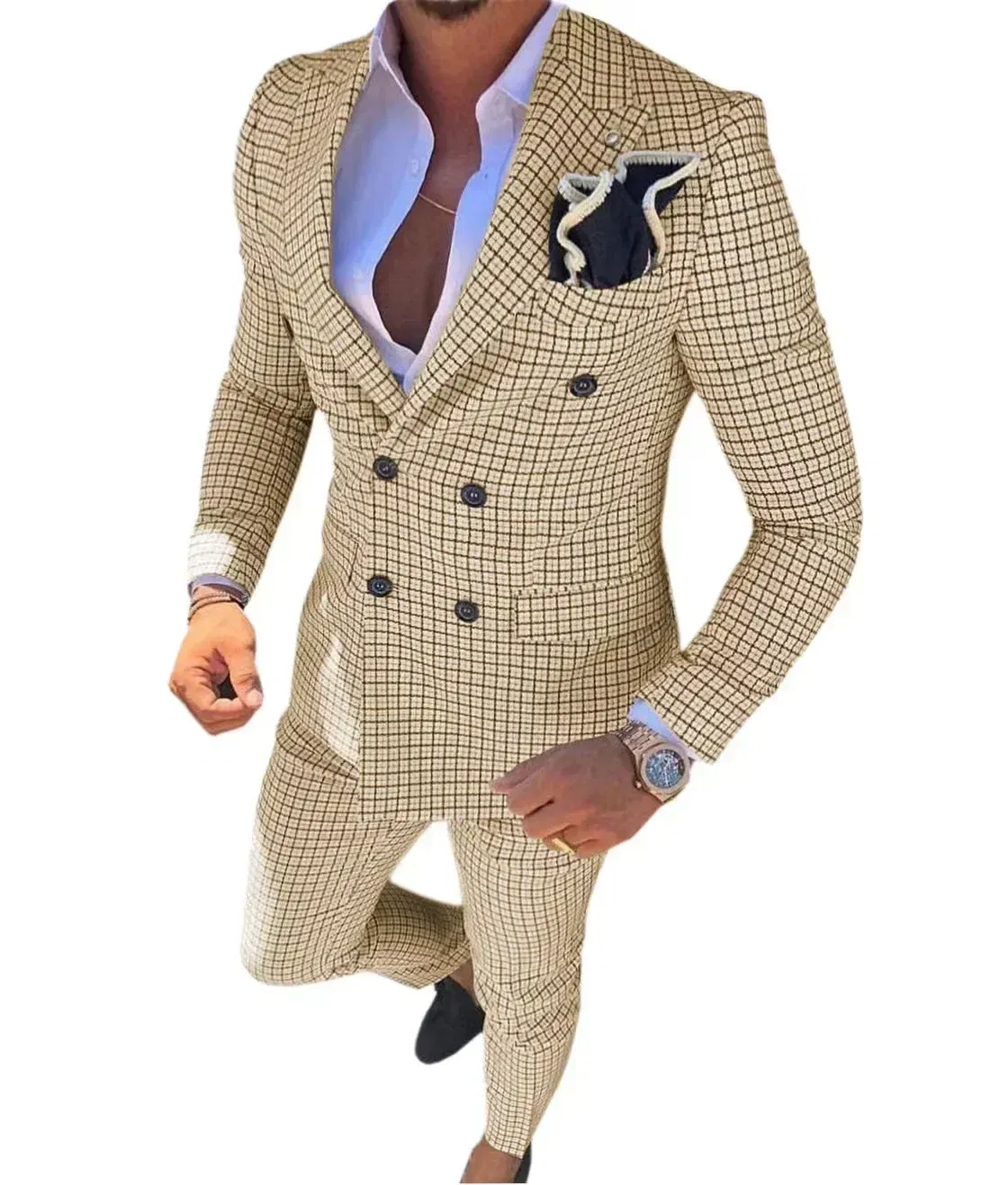 Color: Khaki, Size: 4XL - High Quality 2024 Peak Lapel Men Suits One Button Groom's Wedding Suit Sets of Clothes for Men Evening Dress Performancen