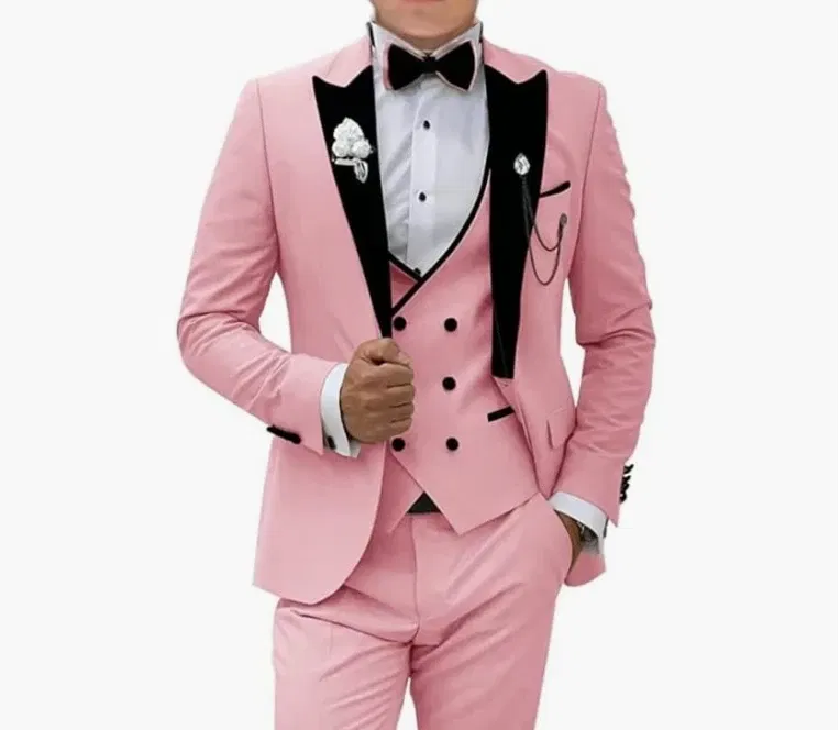 Color: Brown, Size: M - Pink Prom Suit for Men 3 Piece Jacket Vest Pants Set Peaked Lapel Blazer Outfit Costume Birthday Party