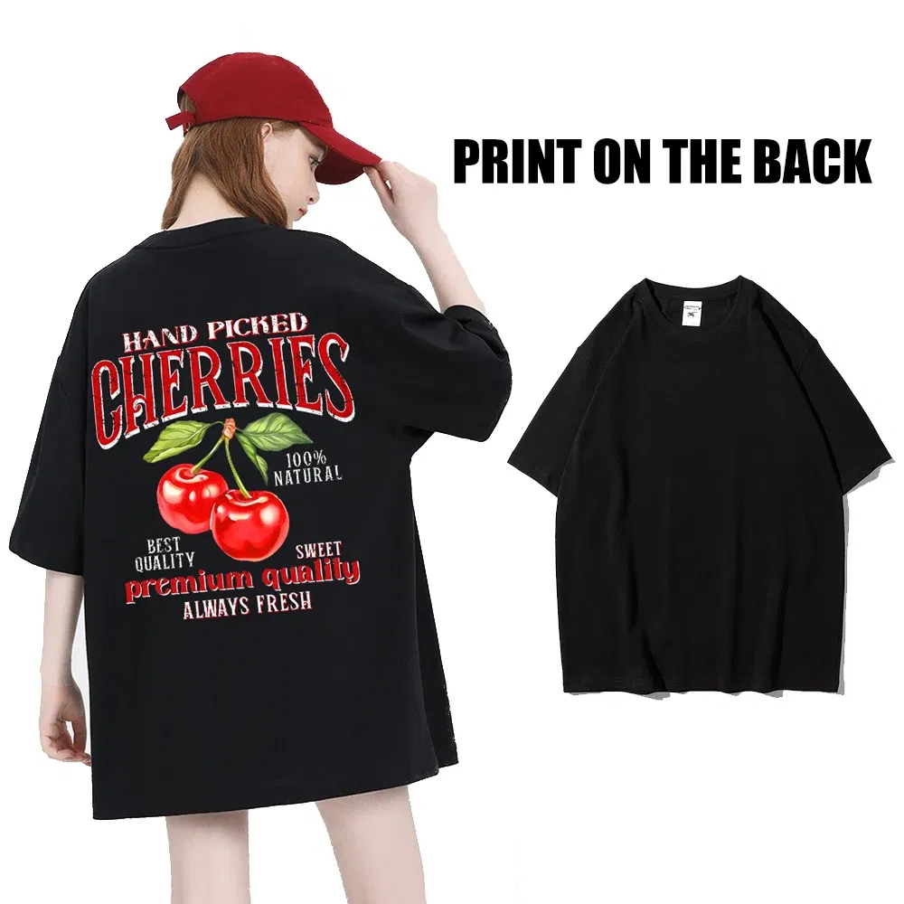 Color: Watermelon red, Size: XXL - Summer Lemon Cherries Prints T-Shirts Cotton Women's Tops Oversize O-Neck Soft Short Sleeve tees Street Casual Womans Clothes
