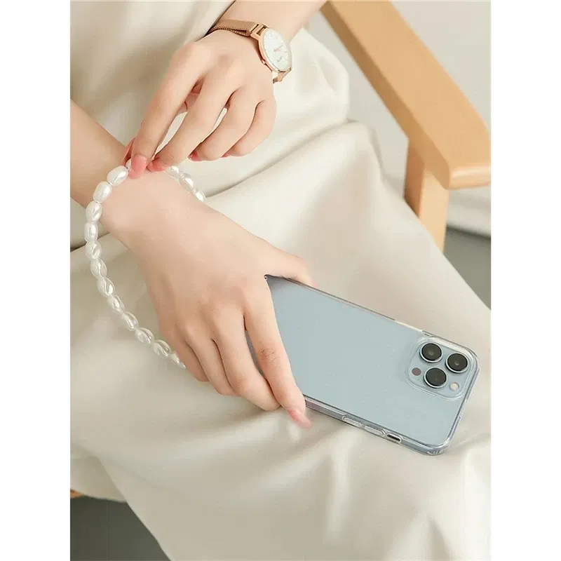 Color: Black, Bundle: Case & Strap, Material: ABS - Pearl Bracelet Wrist Chain Phone Case For iPhone 13 12 11 14 15 Pro Max XR X XS Mini 7 8 Plus SE Transparent Hard Acrylic Cover