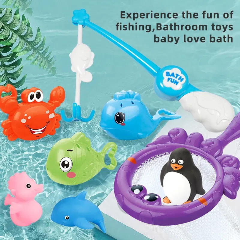 Color: Blue - Bath Toys Fishing Games with Fish Net Squirt Fishes Crab Pool Bath Time Bathtub Toy for Toddlers Baby Kids Infant Girls Boys Age