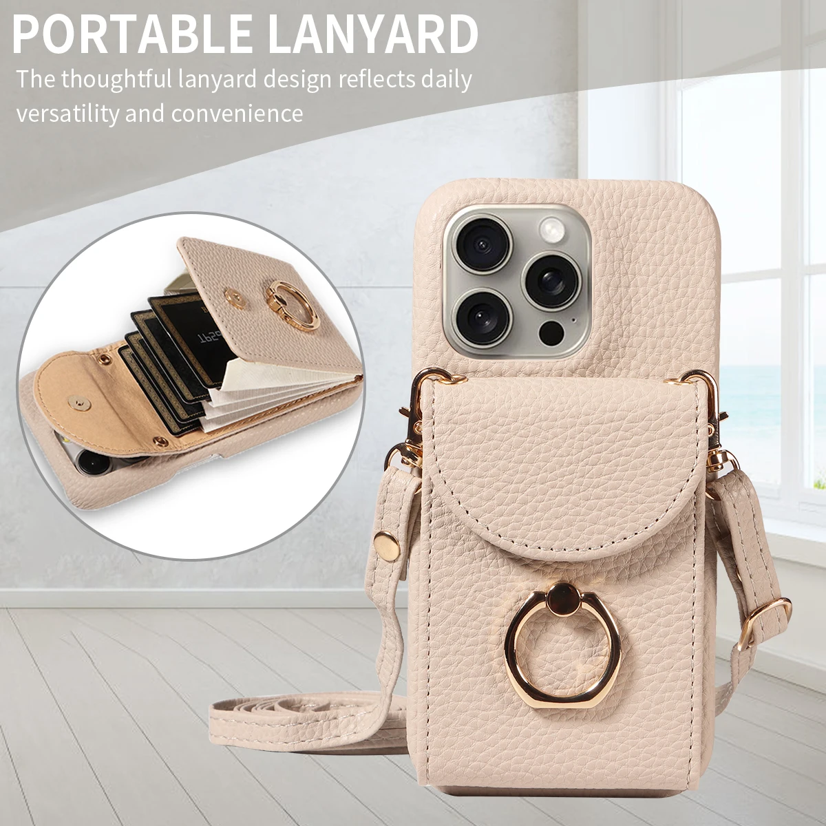Color: Beige, Compatible-Phone Models: For iPhone 15 Pro, Bundle: Case & Strap, Material: Artificial Leather - High Quality Ring Stand Lychee Pattern Phone Case for IPhone16promax15 14 13 Crossbody with Lanyard PU Leather Anti-fall Cover