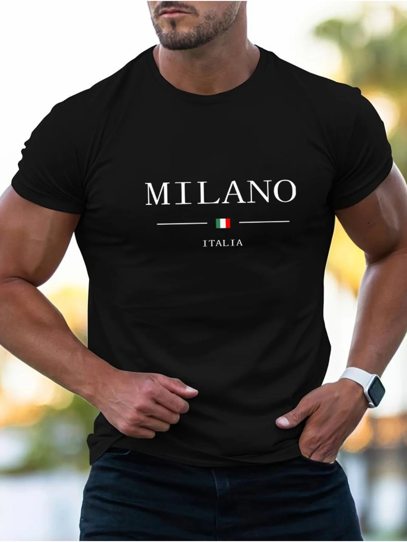 Color: Beige, Size: XXL - Summer men's 100% cotton casual sports loose plus MILANO print comfortable shopping round neck short sleeved T-shirt top