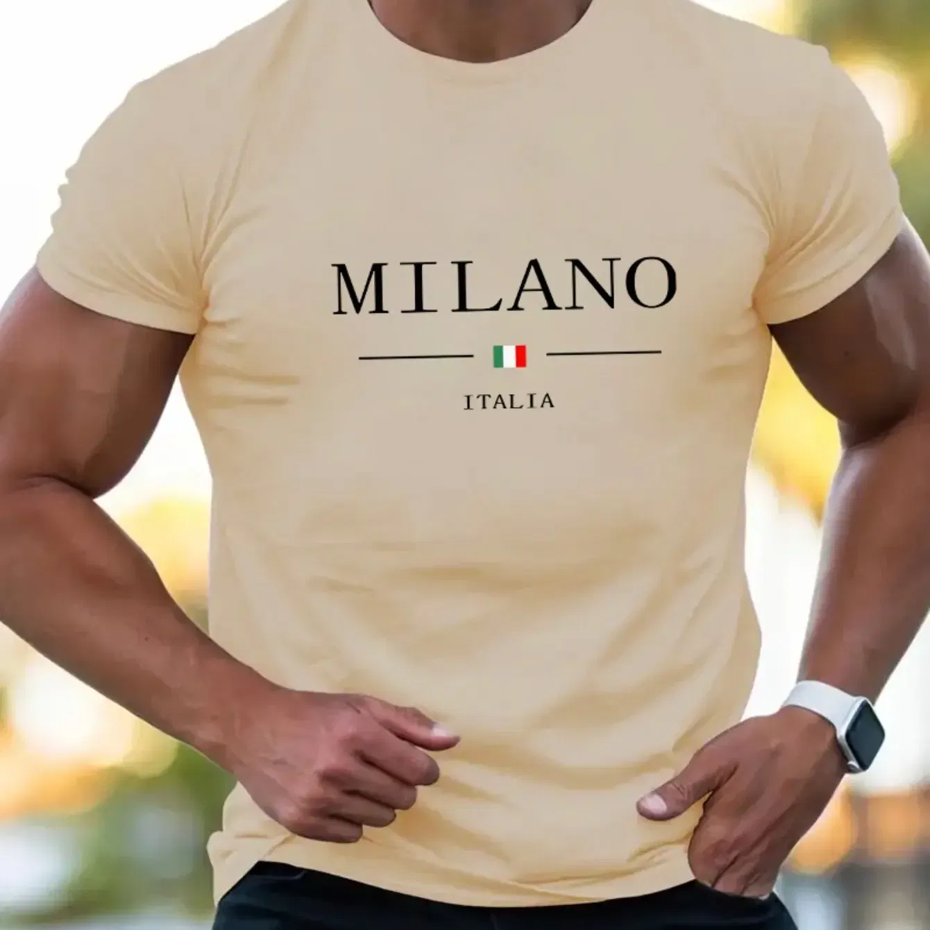 Color: Beige, Size: XXL - Summer men's 100% cotton casual sports loose plus MILANO print comfortable shopping round neck short sleeved T-shirt top