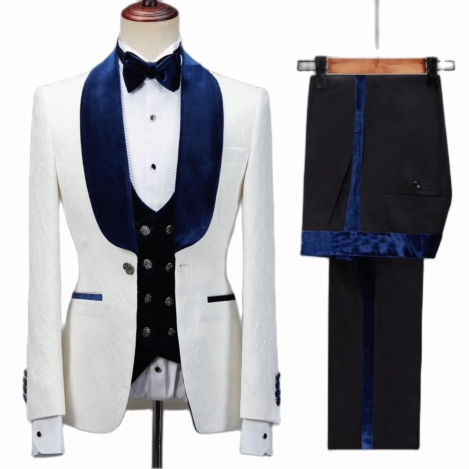 Color: Navy Blue, Size: XS - Floral Jacket Men Suit Slim Fit Wedding Tuxedo Navy Blue Velvet Lapel Groom Party Suits Costume Homme Best Man Blazer
