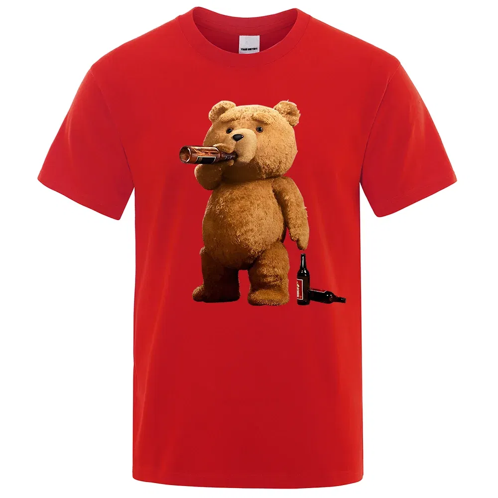 Color: Red, Size: XXXL - Lovely Ted Bear Drink Beer Poster Funny Printed T-Shirt Men Fashion Casual Short Sleeves Loose Oversize Tee Street Hip Hop Tops