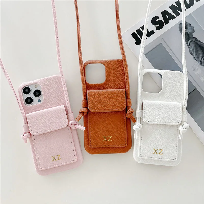 Color: SKY BLUE, Material: EVA - Personalized Gold Silver Letters Leather PU Card Holder Lanyard Hard Case For iPhone 14 13 12 11 15 Pro Max XS XR 16 Plus Cover