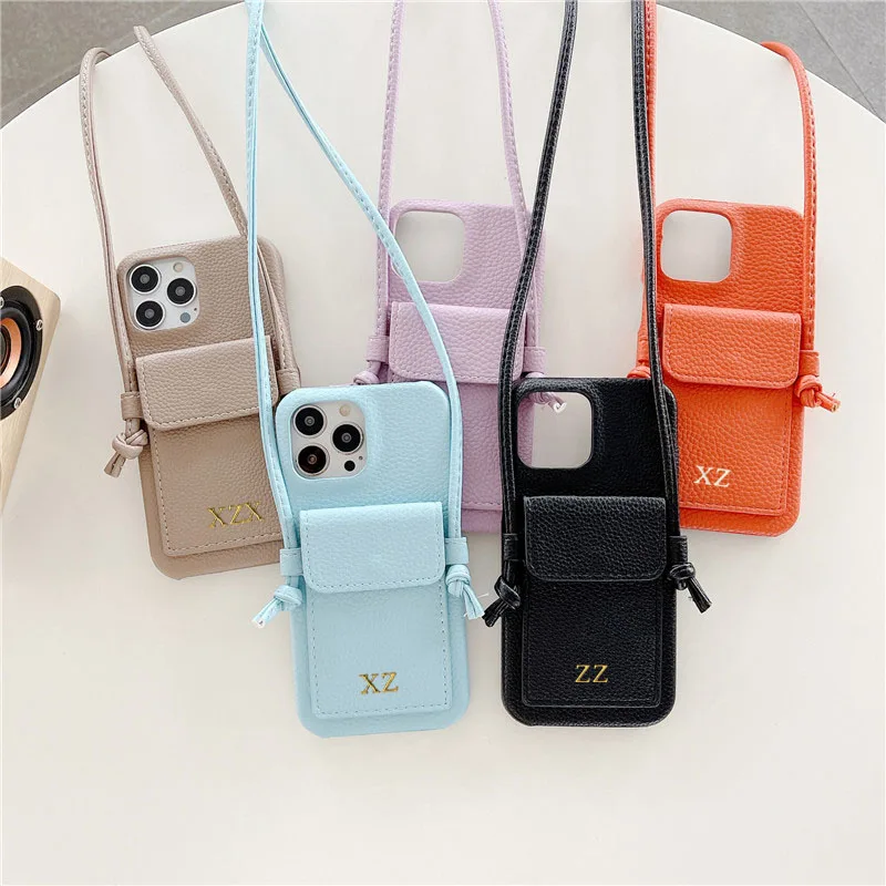 Color: SKY BLUE, Material: EVA - Personalized Gold Silver Letters Leather PU Card Holder Lanyard Hard Case For iPhone 14 13 12 11 15 Pro Max XS XR 16 Plus Cover