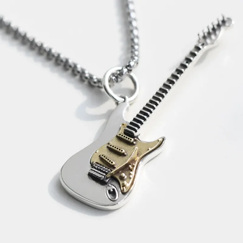 Metal Color: Steel color - Retro Punk Music Guitar Necklace for Men Personalized Gothic Pendant Fashion Hip Hop Rock Singer Jewelry Gift