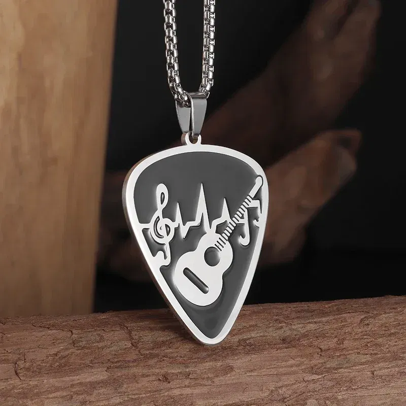 Metal Color: Steel color - Retro Punk Music Guitar Necklace for Men Personalized Gothic Pendant Fashion Hip Hop Rock Singer Jewelry Gift