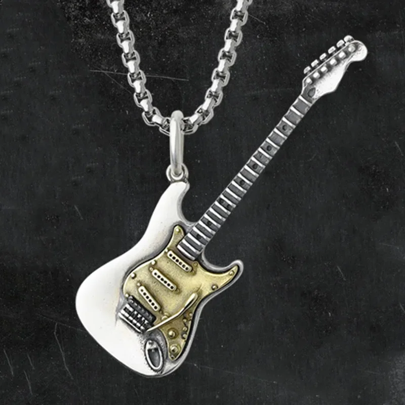 Metal Color: Steel color - Retro Punk Music Guitar Necklace for Men Personalized Gothic Pendant Fashion Hip Hop Rock Singer Jewelry Gift