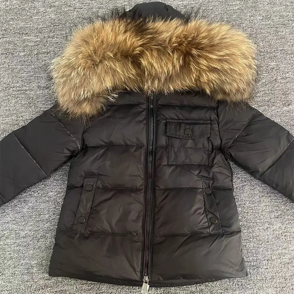 Color: Khaki, Kid Size: 4T - Kids Winter Down Jacket Shiny Real Raccoon Fur Collar Toddler Boys Hooded Coat Baby Girls Warm Snowsuit Children's Parkas