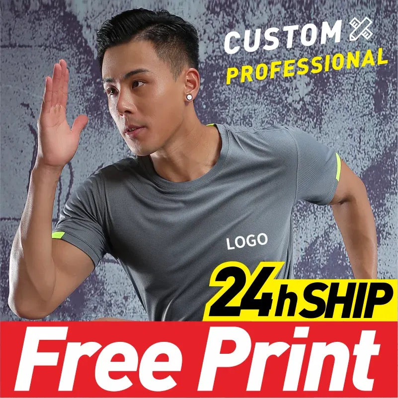 Color: SKY BLUE, Size: XXL, Ships From: CN - Men's t-shirt quick-drying sports top, custom logo running T-shirt, trainer fitness shirt