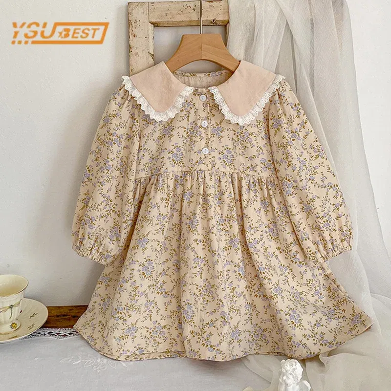Color: light brown, Kid Size: 4 - Sweet Kids Baby Girls Long Sleeve Flower Printing Princess Dress Autumn Baby Girls Doll Collar Dress Children Clothes Dress