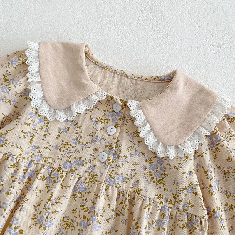 Color: light brown, Kid Size: 4 - Sweet Kids Baby Girls Long Sleeve Flower Printing Princess Dress Autumn Baby Girls Doll Collar Dress Children Clothes Dress