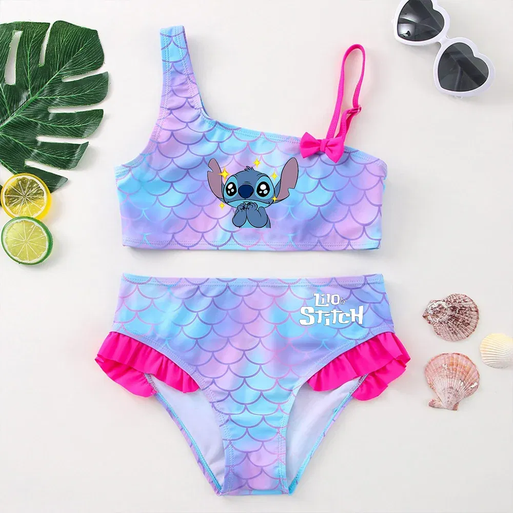 Color: Light Yellow, Size: S - Lilo Stitch Girls Swimsuit One-Piece Bathing Suits Kids Wear Fashion Mermaid Fish Children's Dresses Summer Swimwear Beach Suit