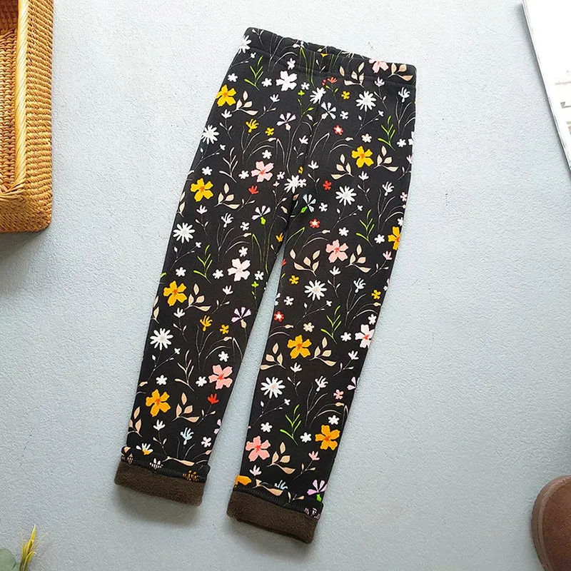 Color: Beige, Kid Size: 11 - Autumn Winter Print Flowers Thick Warm Kids Toddler Baby Girls Leggings Children's Pants