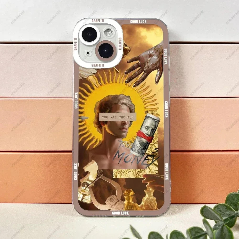 Color: GRAY, Material: POLYESTER - Aesthetic Statue Art Phone Case For iPhone 16 15 14 13 12 11 Pro Max XS X XR Plus Mini Luxury Transparent Soft Funda