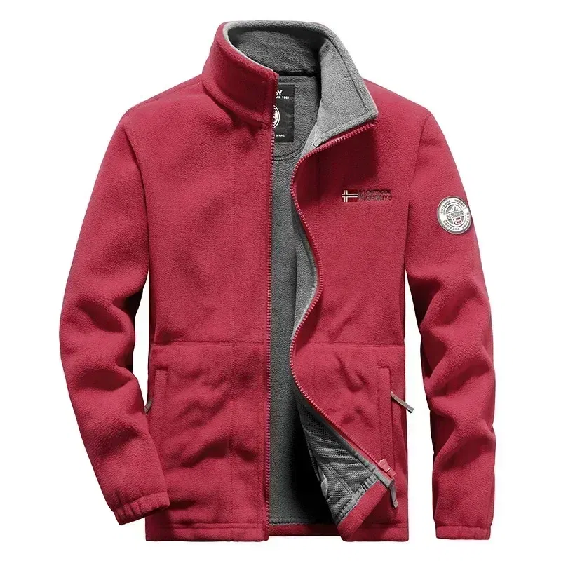 Color: Red, Size: XXL - Men Fleece Jacket Pockets Thicken Polar Norway Ski Jackets Cold-proof Overcoat Plus Size Outwear Autumn Winter Casual Warm Coat