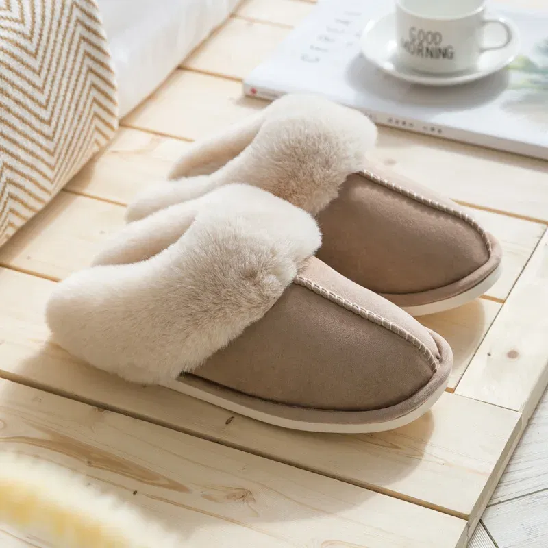 Color: Khaki, Shoe Size: 38 - Women's Faux Fur Slippers 2024 New Warm Thicked Plush Bedroom Sandals Woman Comfort Soft Sole Home Couple Winter Shoes Slides