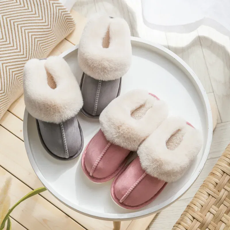Color: Khaki, Shoe Size: 38 - Women's Faux Fur Slippers 2024 New Warm Thicked Plush Bedroom Sandals Woman Comfort Soft Sole Home Couple Winter Shoes Slides