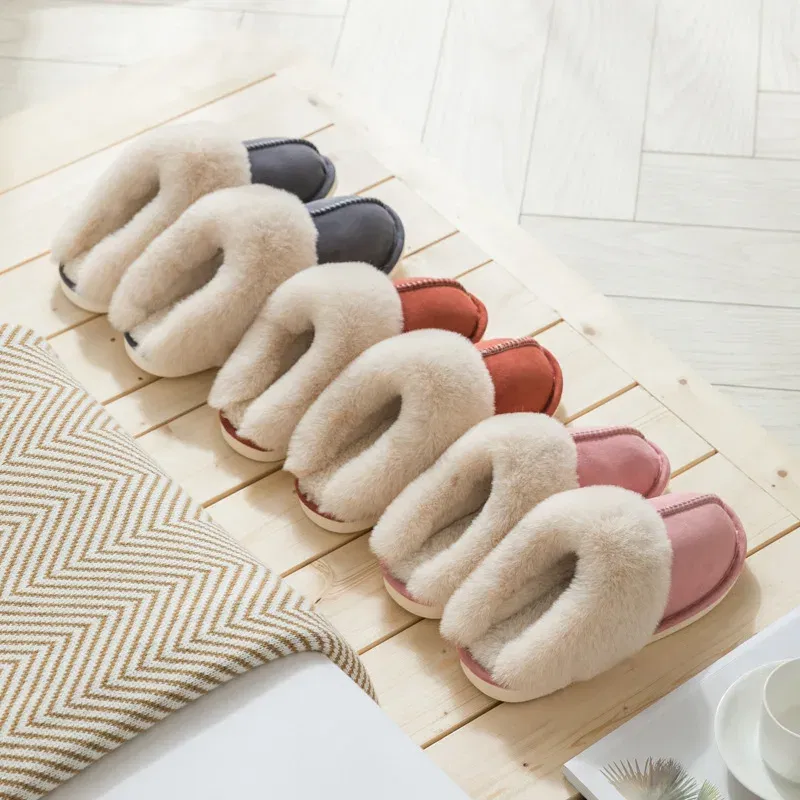 Color: Khaki, Shoe Size: 38 - Women's Faux Fur Slippers 2024 New Warm Thicked Plush Bedroom Sandals Woman Comfort Soft Sole Home Couple Winter Shoes Slides