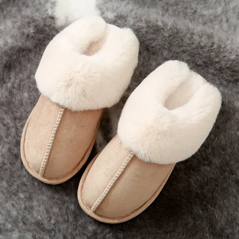 Color: Khaki, Shoe Size: 38 - Women's Faux Fur Slippers 2024 New Warm Thicked Plush Bedroom Sandals Woman Comfort Soft Sole Home Couple Winter Shoes Slides