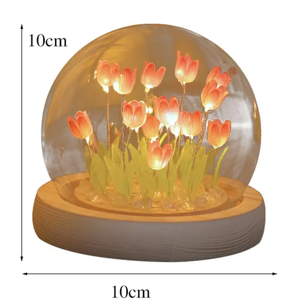 Color: Brown - Artificial Tulip Flower Night Light Handmade DIY Bedside Lamp LED Night Lamp Bedroom Decor Christmas Birthday Gifts Table Lamp