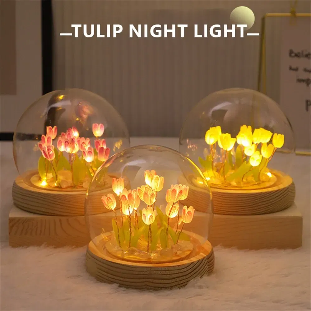 Color: Brown - Artificial Tulip Flower Night Light Handmade DIY Bedside Lamp LED Night Lamp Bedroom Decor Christmas Birthday Gifts Table Lamp