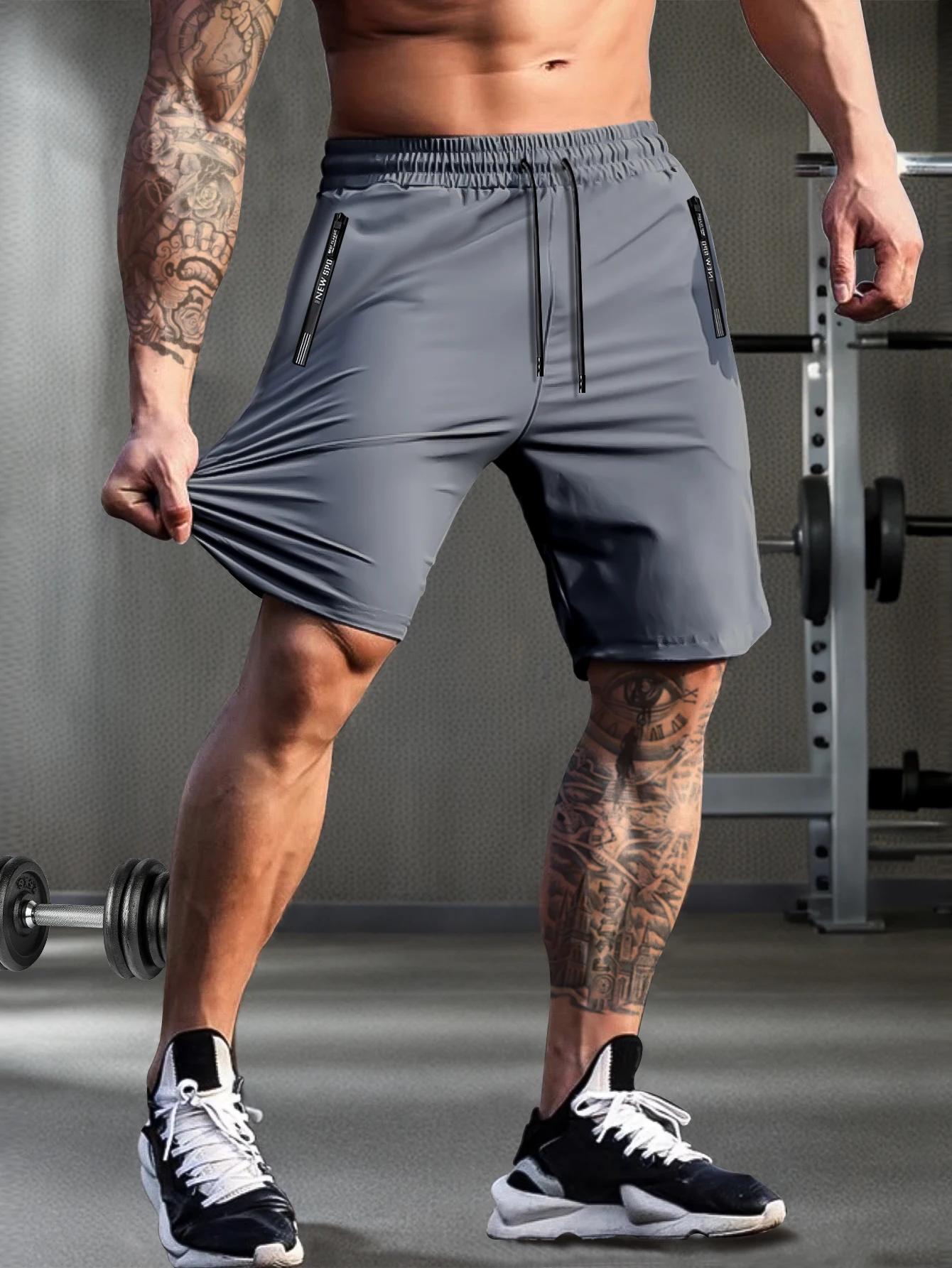 Color: GRAY, Size: L - Men's solid color shorts, with zipper pockets, casual elastic drawstring shorts with a loose waist and high elasticity, suitable