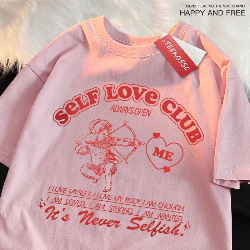 Color: army green, Size: XXXL - Self Love Club Fun Cupid Men Women T Shirts Breathable Street Tee Clothes Cotton Summer Fashion Loose Casual Oversized T Shirt
