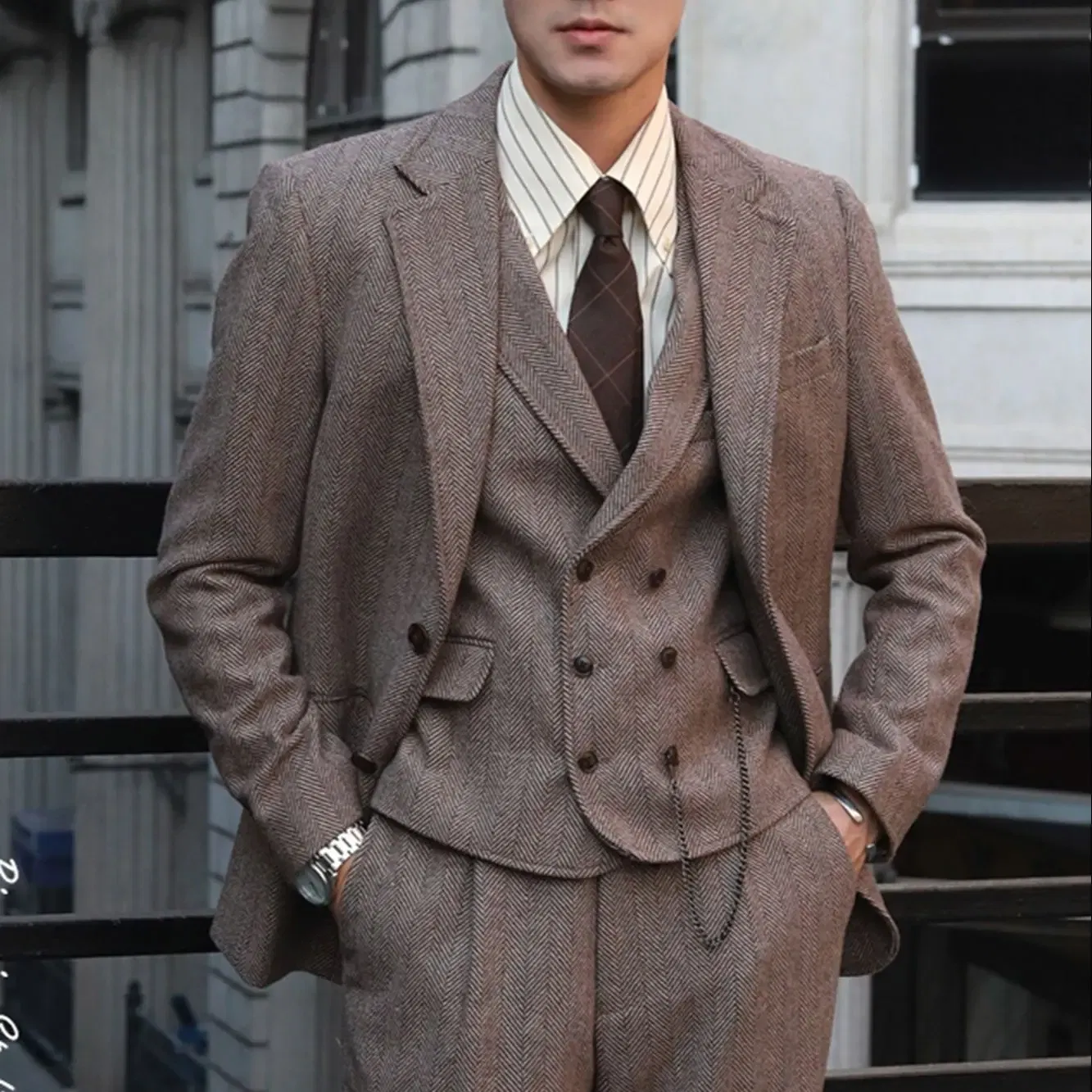 Color: Blue, Size: XL - Tweed Herringbone 3 Pieces Herringbone Men's Business Suits Single Breasted Slim Fit Groom Formal Suits?€Blazer+vest+Pants?‰