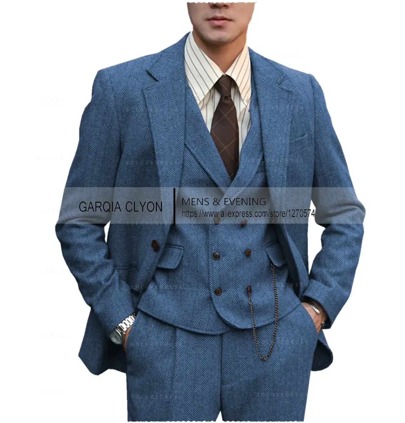 Color: Blue, Size: XL - Tweed Herringbone 3 Pieces Herringbone Men's Business Suits Single Breasted Slim Fit Groom Formal Suits?€Blazer+vest+Pants?‰