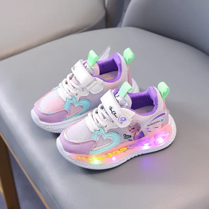 Color: PURPLE, Shoe Size: 17 - Disney Children Led Shoes Kids Girls Sneakers Frozen Elsa Princess Lighting Shoes Pink Purple Casual Sports Shoes Size 21-31