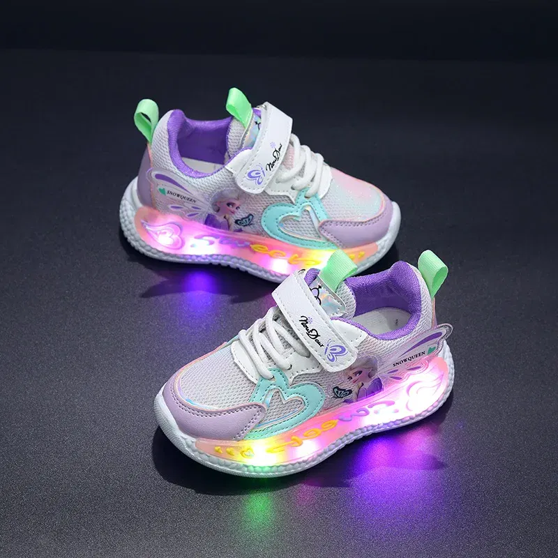 Color: PURPLE, Shoe Size: 17 - Disney Children Led Shoes Kids Girls Sneakers Frozen Elsa Princess Lighting Shoes Pink Purple Casual Sports Shoes Size 21-31