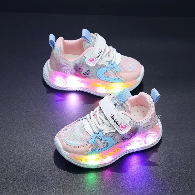Color: PURPLE, Shoe Size: 17 - Disney Children Led Shoes Kids Girls Sneakers Frozen Elsa Princess Lighting Shoes Pink Purple Casual Sports Shoes Size 21-31