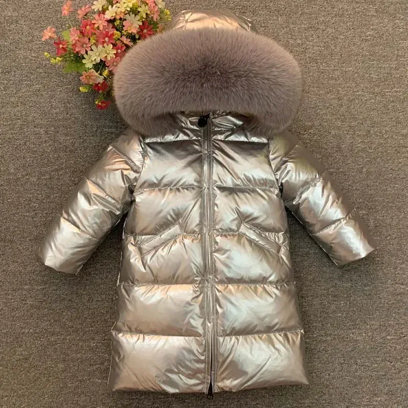 Color: Ivory, Kid Size: 4T - Children Girl boy Winter real fur thickened down jackets 90 down Long Coat jacket overcoat baby kids clothing -30 outwear ws1245