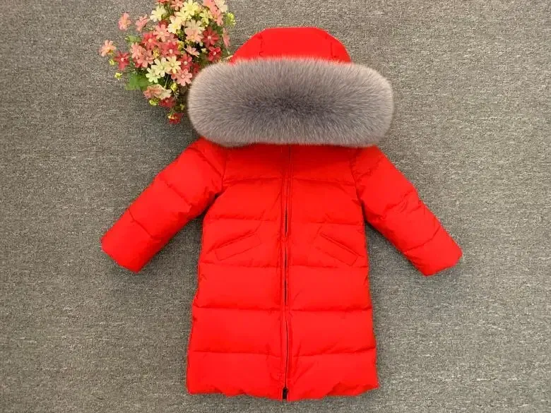 Color: Ivory, Kid Size: 4T - Children Girl boy Winter real fur thickened down jackets 90 down Long Coat jacket overcoat baby kids clothing -30 outwear ws1245