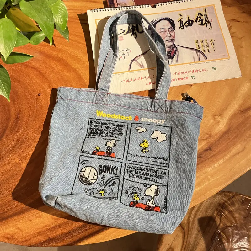 New Japanese Cute Embroidered Snoopy Shoulder Bag, Retro All-match Denim Bag, Large Capacity Portable Crossbody Bag